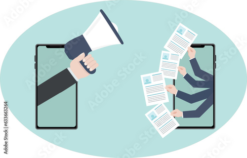 Job search hand with phone resume job in hand mouthpiece employment worker vector illustration