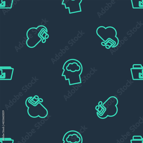 Set line Head silhouette with cloud, Music streaming service and Folder download on seamless pattern. Vector