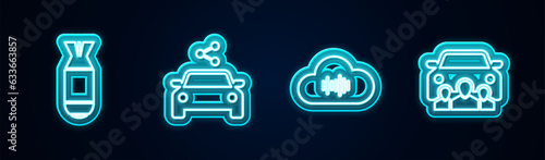 Set line Aviation bomb, Car sharing, Music streaming service and . Glowing neon icon. Vector