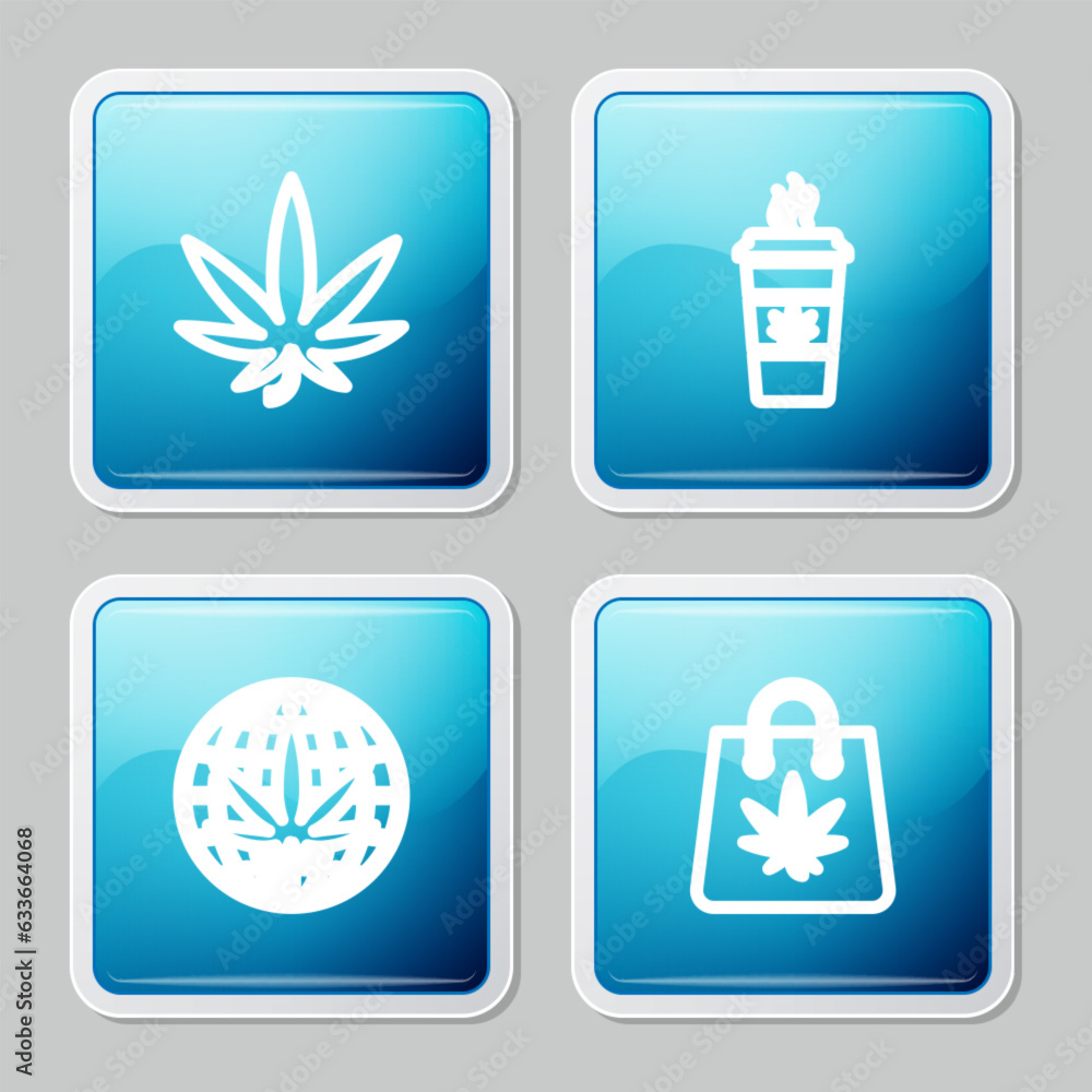 Set line Marijuana or cannabis leaf, Cup coffee with marijuana, Legalize and Shopping bag icon. Vector