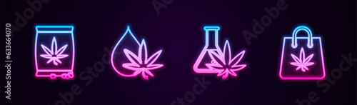 Set line Marijuana or cannabis seeds, leaf oil, Test tube with marijuana and Shopping bag of. Glowing neon icon. Vector
