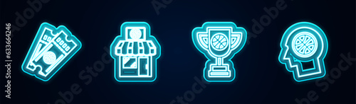 Set line Basketball game ticket, Sports shop and basketball, Award cup with and Thoughts on. Glowing neon icon. Vector