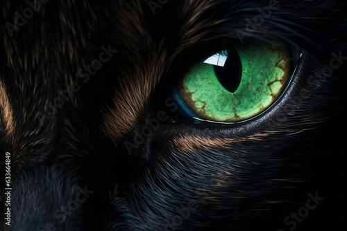 green eye of a black cat close-up.
