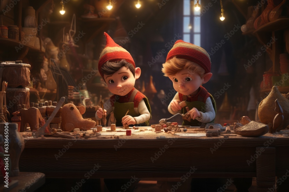 elf. elves make toys for children. Workshop of Santa Claus. - obrazy, fototapety, plakaty 