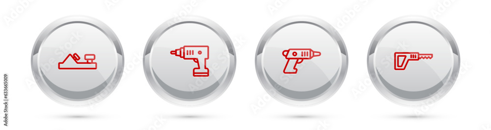 Set line Wood plane tool, Electric cordless screwdriver, and Reciprocating saw. Silver circle button. Vector Set line Wood plane tool, Electric cordless screwdriver, and Reciprocating saw. Silver circle button. Vector