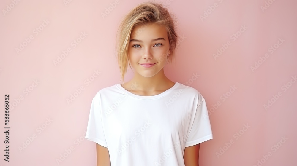 A blond young girl model poses with a white t shirt and pink wall backdrop A blond young girl model poses with a white t shirt and pink wall backdrop