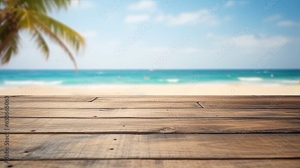 Wooden table for displaying products against a beach background with empty space for text