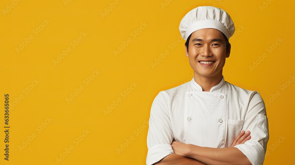 Smiling Asian chef portrait on solid yellow background with copy space Smiling Asian chef portrait on solid yellow background with copy space