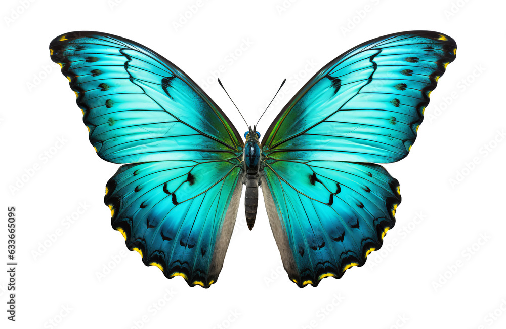 Blue turquoise butterfly with spread wings cut out on transparent background Blue turquoise butterfly with spread wings cut out on transparent background