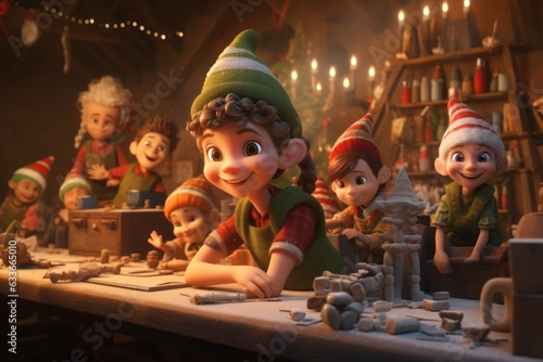 Stampa su tela elf. elves make toys for children. Workshop of Santa Claus.