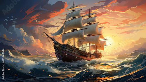 Fotografia Sailing ship in the sea at sunset - 3D cartoon illustration.