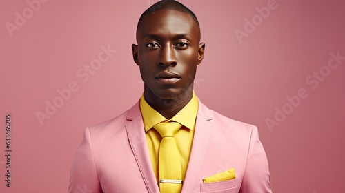 Stylish African American male model in trendy pink suit yellow shirt and tie isolated on studio background representing fashion and business