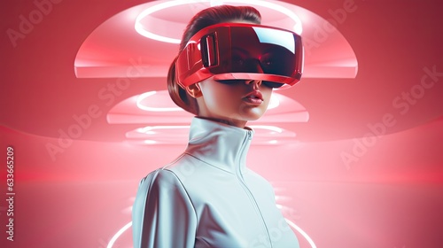 A woman wearing futuristic VR fashion against a virtual background