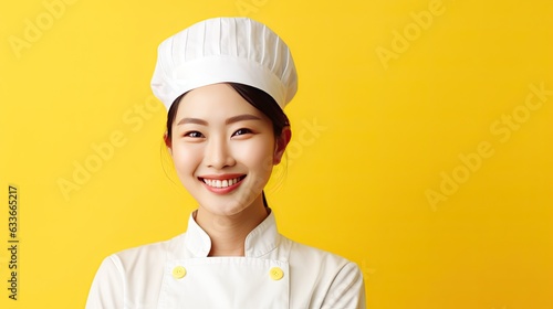 Smiling Asian female chef portrait on yellow background Banner copy space