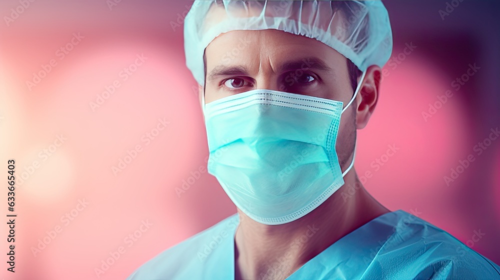 Smiling surgeon in mask with medical clipboard abstract background Smiling surgeon in mask with medical clipboard abstract background