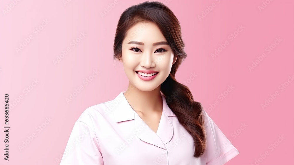 Asian female nurse in white scrubs smiling and happy posing in a modern studio with a pink background Asian female nurse in white scrubs smiling and happy posing in a modern studio with a pink background