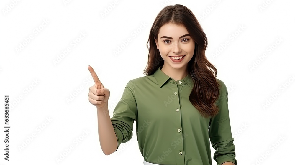 Energetic student proudly promoting product on white background Energetic student proudly promoting product on white background
