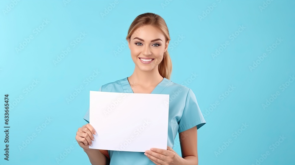 Smiling nurse holding clipboard blue background Healthcare beauty care banner Smiling nurse holding clipboard blue background Healthcare beauty care banner