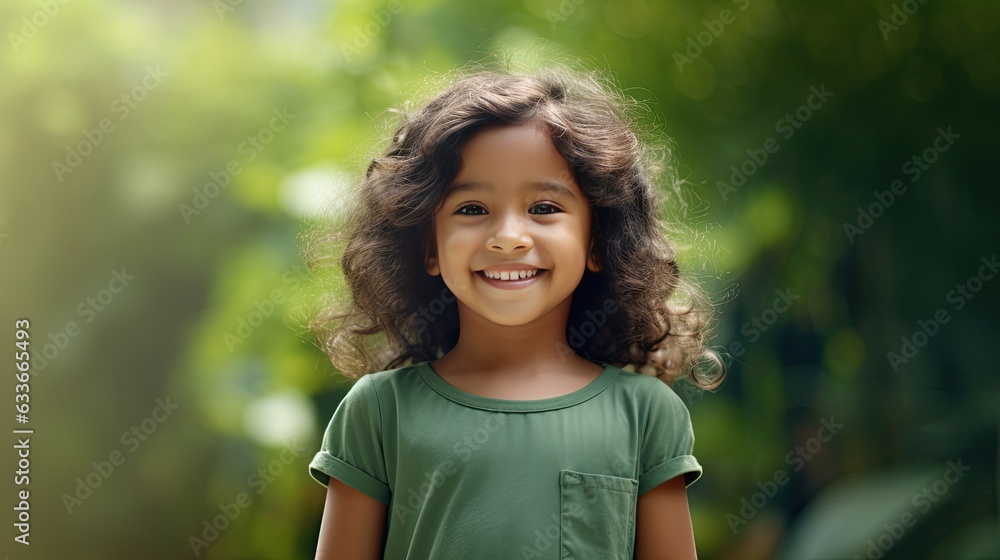 Smiling little girl posing against green background with space for text Smiling little girl posing against green background with space for text
