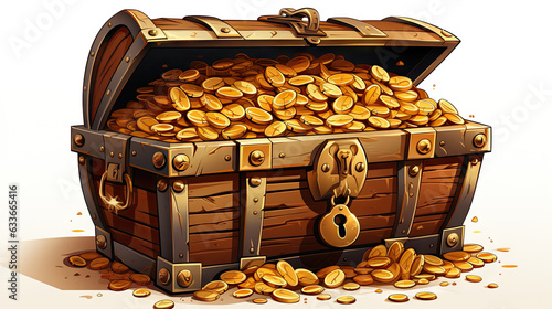 Treasure chest full of gold coins. Cartoon illustration.