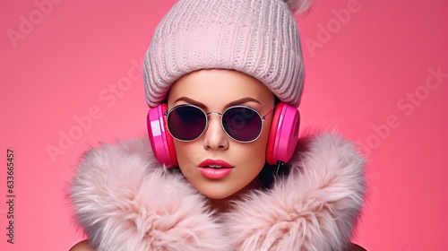 Comedic female with winter accessories and shades on a pink backdrop