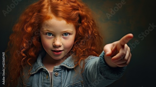 Curly red haired girl with freckles appears innocent but mischievous smiling with wide eyes and pointing to empty space