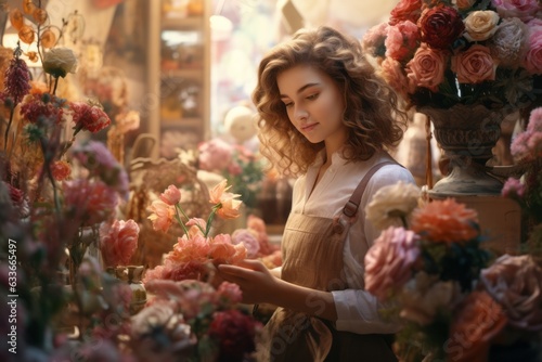 girl florist make a composition of flowers in a flower shop.