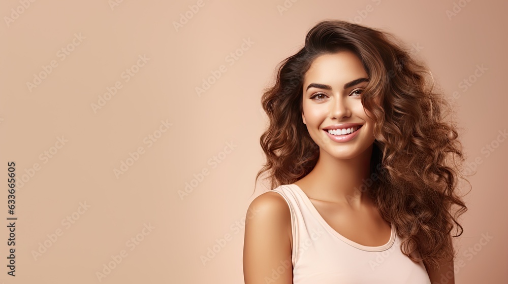 Happy woman posing in studio with solid background copy space available Happy woman posing in studio with solid background copy space available