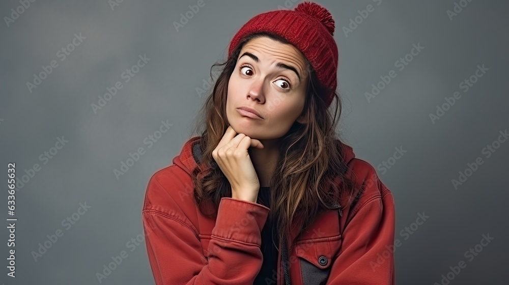 Thoughtful young woman with indecisive frustrated look contemplating Banner with room for text nearby Thoughtful young woman with indecisive frustrated look contemplating Banner with room for text nearby