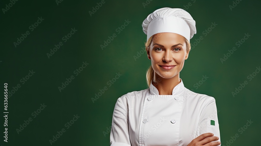 Smiling blond female chef isolated on green background Banner copy space