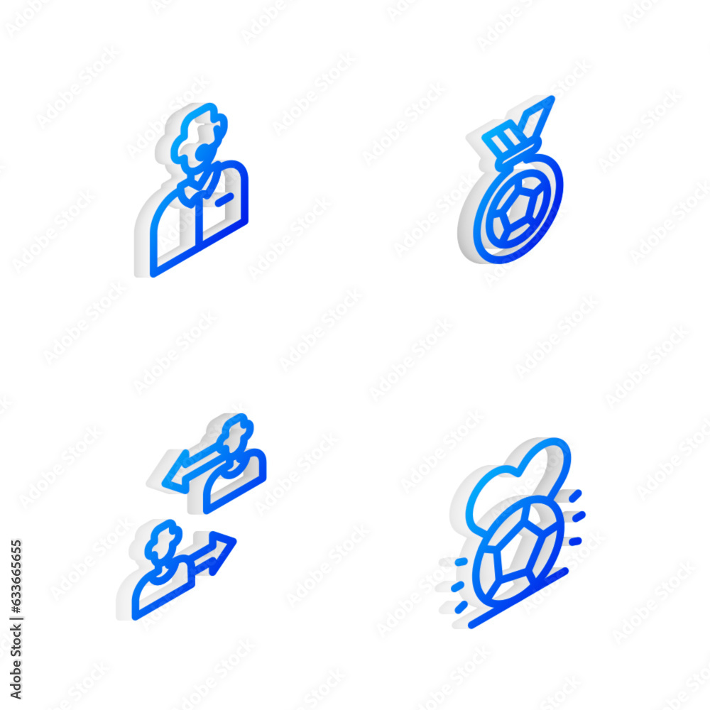 Set Isometric line Football or soccer medal, commentator, Substitution football player and Soccer icon. Vector Set Isometric line Football or soccer medal, commentator, Substitution football player and Soccer icon. Vector