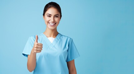 A cheerful nurse with clipboard on blue background