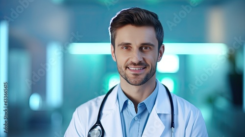 Smiling young male doctor in white uniform looking at camera against blue glowing background