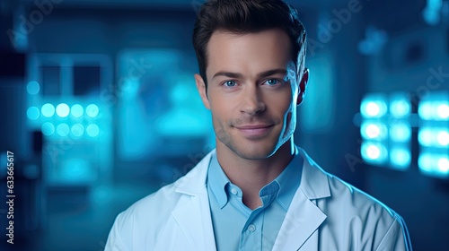 Smiling young male doctor in white uniform looking at camera against blue glowing background