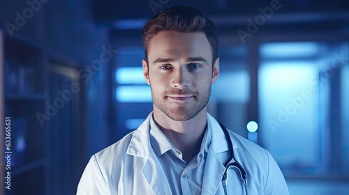 Smiling male doctor in white clinic looking at camera blue glowing background