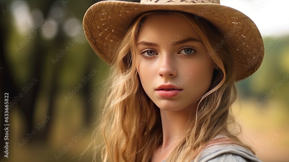 Selective focus portrait of a girl wearing a cowboy hat with open area for text Selective focus portrait of a girl wearing a cowboy hat with open area for text