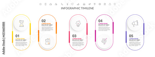 Line vector minimal infographic with five circles. Modern timeline business concept with 5 steps by step for diagram, chart, flowchart, levels, graphic, app, web