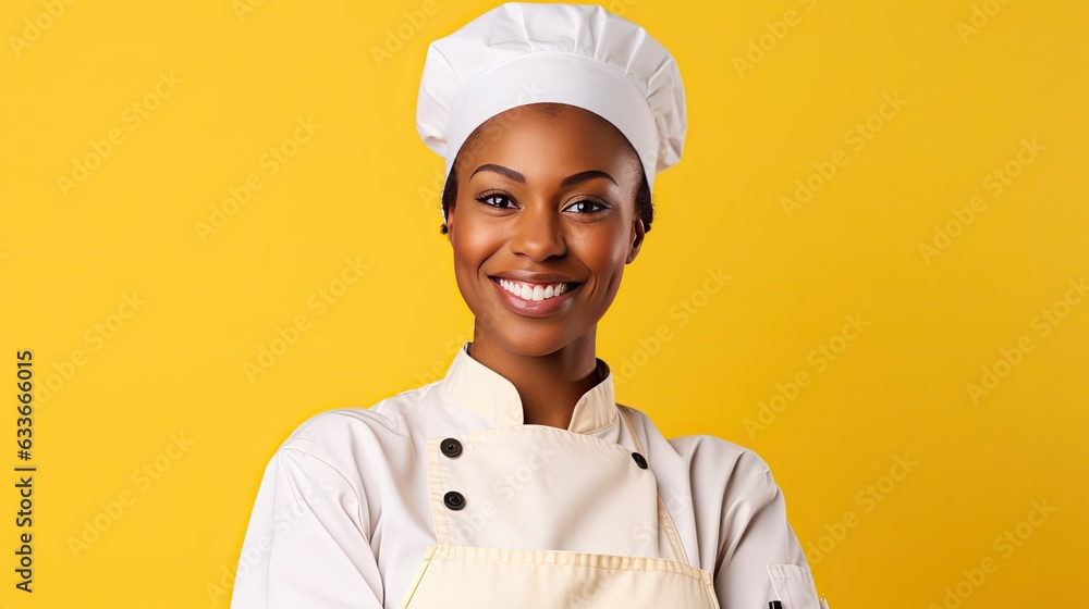 Smiling African American female chef s portrait on yellow background Banner space for text