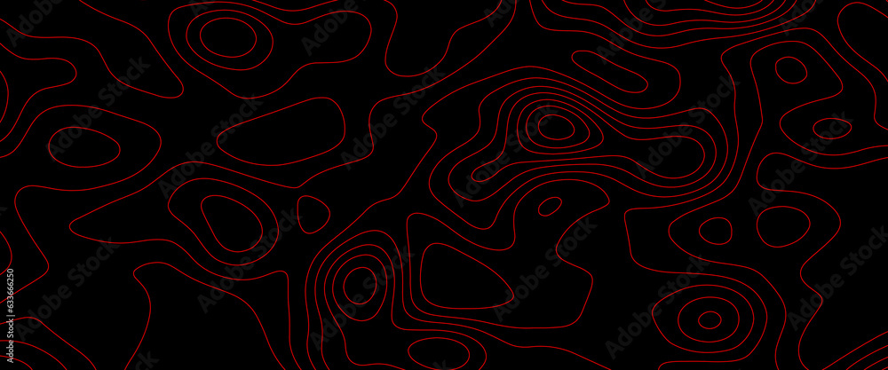Topographic map contour in lines and contours. The concept of a conditional geography scheme and the terrain path. Red on black. Ultra wide size. Vector illustration Topographic map contour in lines and contours. The concept of a conditional geography scheme and the terrain path. Red on black. Ultra wide size. Vector illustration