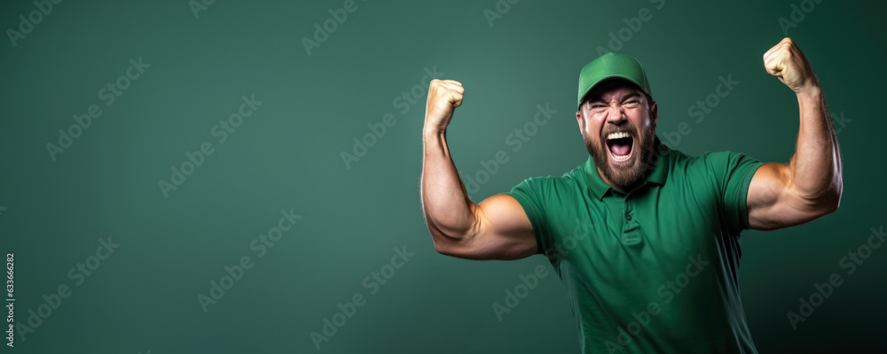 American football fan celebrating a victory on green background with empty space for text 