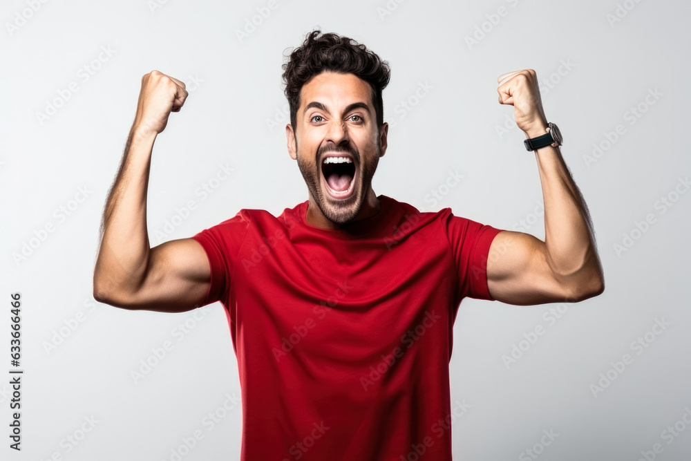 English football fan celebrating a victory on white background with empty space for text English football fan celebrating a victory on white background with empty space for text