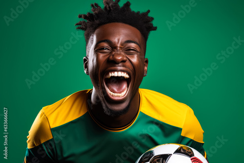 Senegalese football fan celebrating a victory on green yellow and red background with empty space for text 