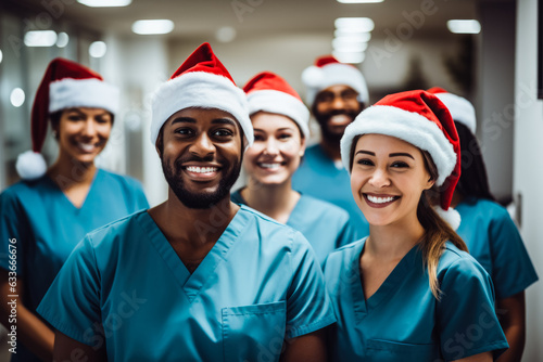 Team of nurses in a hospital on Christmas photo in santa hat 
