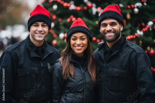 Team of police officers analysts on Christmas photo in santa hat 