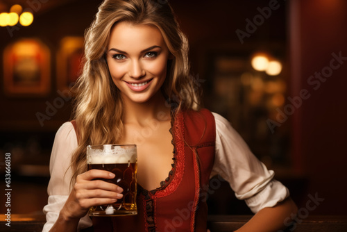 Young woman in traditional German clothes with beer on solid red background 
