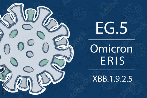 A new Omicron variant EG.5 alias XBB.1.9.2.5. Also known as Eris. White text on dark blue background with image of coronavirus.