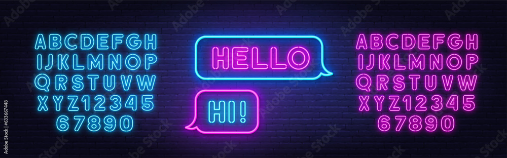 Hello Hi neon sign in the speech bubble on brick wall background. Hello Hi neon sign in the speech bubble on brick wall background.
