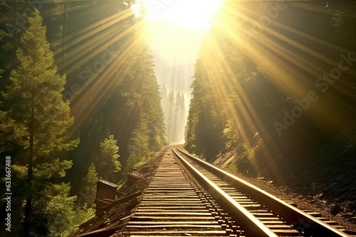 Train Tracks Through a Mountain Forest Photo: Train tracks through a forest with bright sunlight and prominent lens flaresGenerative AI,