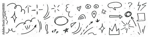 Hand-drawn arrow dynamics with doodle details, in anime-style cartoon presentation. Fun pencil sketch icons for creativity. Flat vector illustrations isolated background.