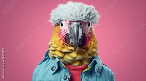Fashionable antropomorphic portrait of parrot on pastel pink background